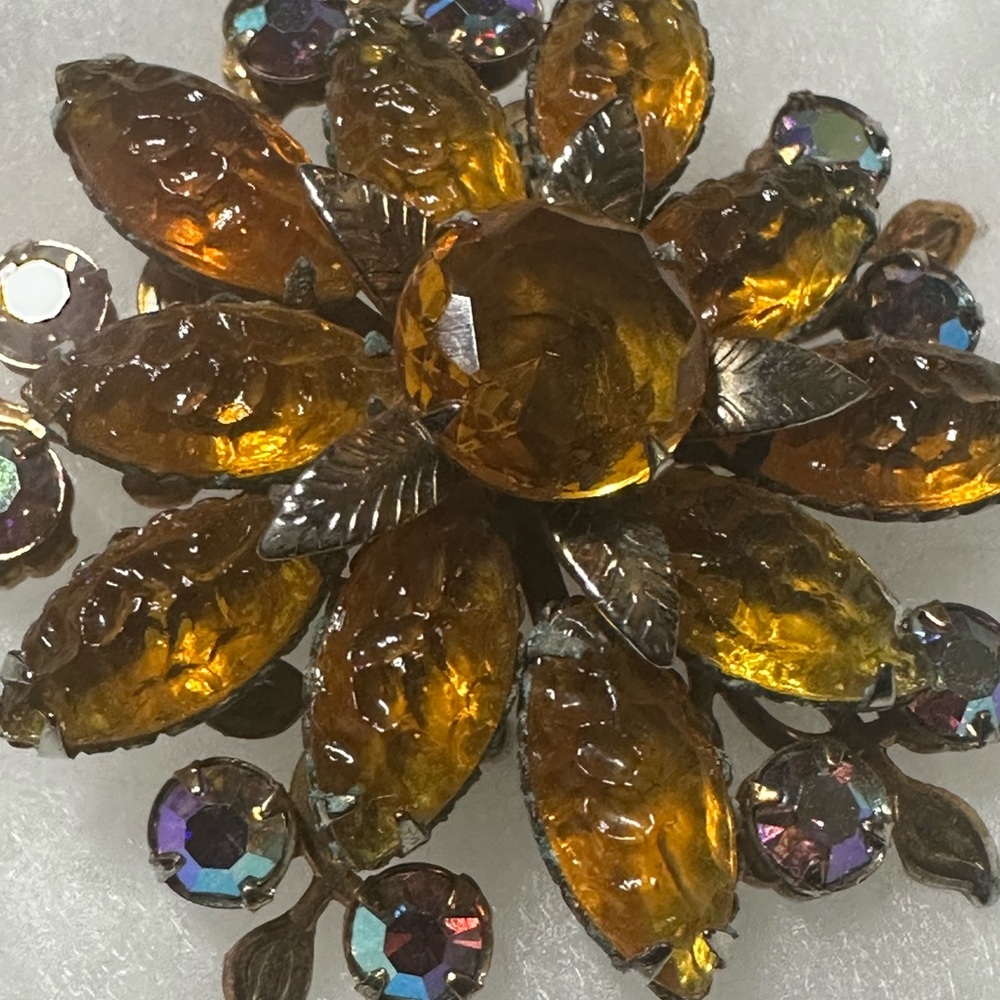 Vintage Amber Crystal Floral Brooch 1950s - Picture 10 of 16